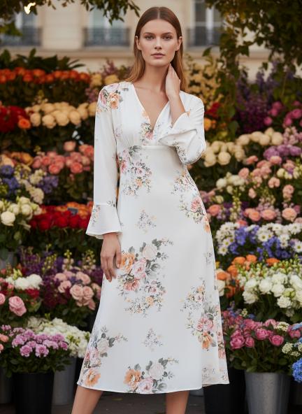 Satin Digital Print  Maxi Dress With Slash Pocket