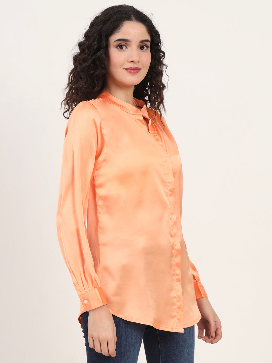 Summer Satin Crimson Orange Mandarin Collar Shirt