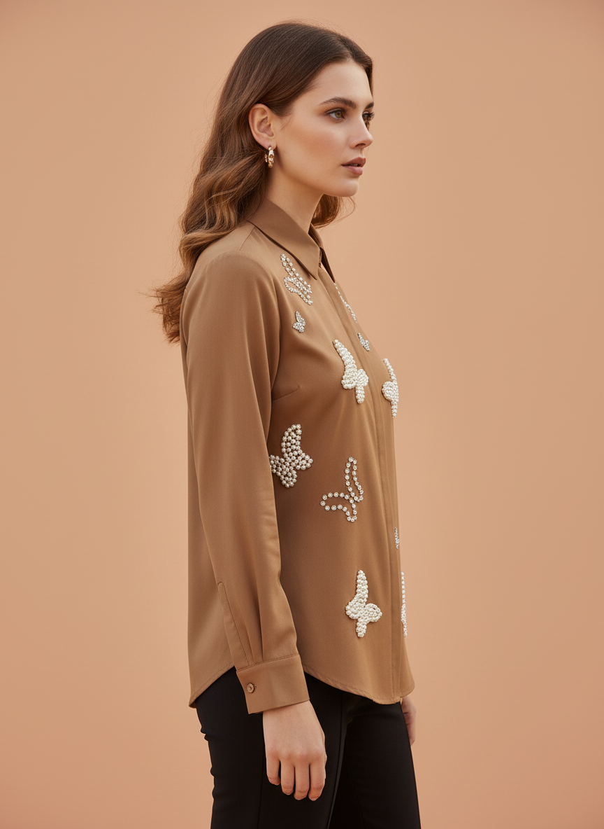 Mocha Luxe Pearl Butterfly Embellished Designer Shirt