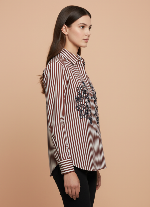 Rust Elegance Striped Floral Embroidered Shirt