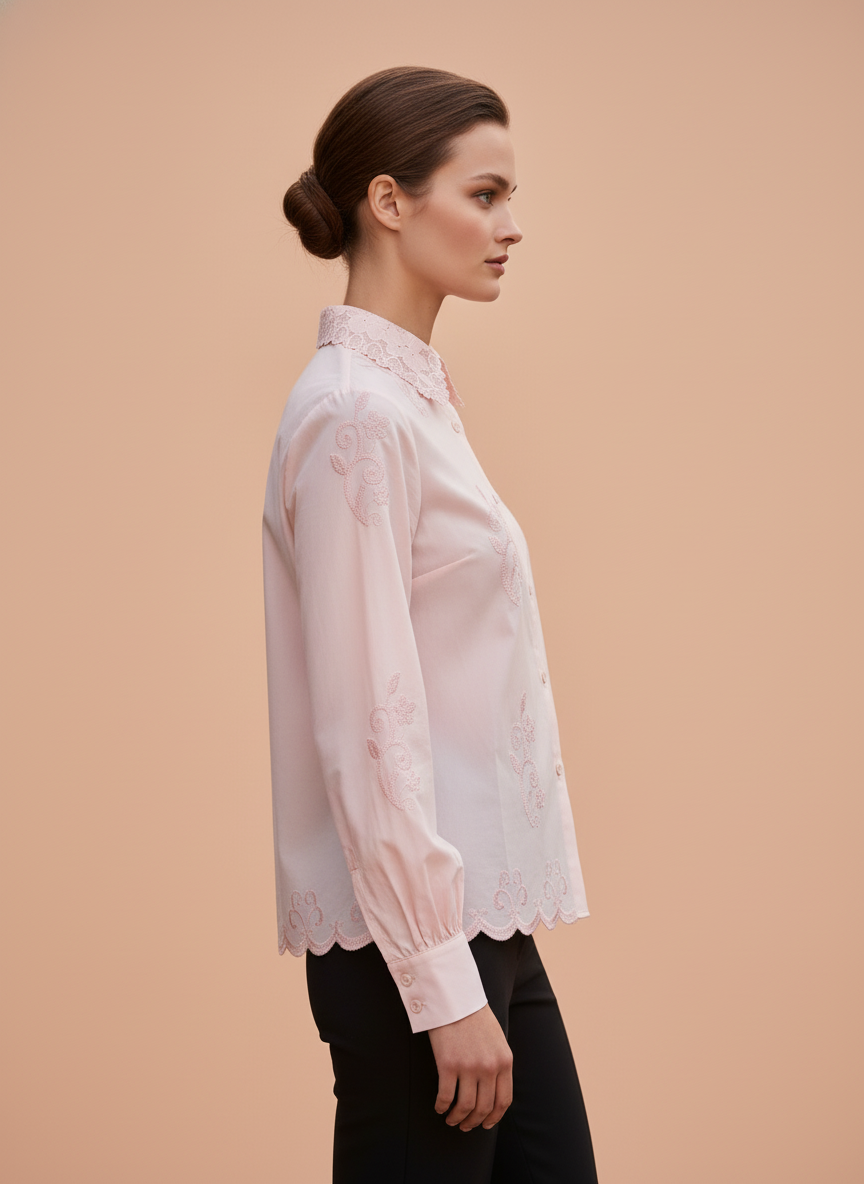 Elegant Pastel Pink Embroidered Women’s Shirt