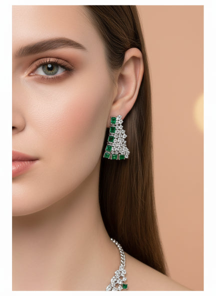 Luxury Green & White Cubic Zirconia Necklace Set with Earrings for Women