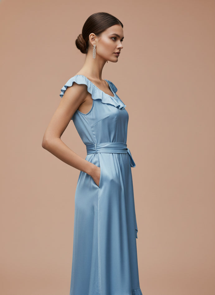 European Satin Ice Blue Mist Midi Dress