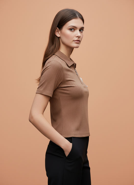 Brown Zip-Up Ribbed Polo T-Shirt for Women