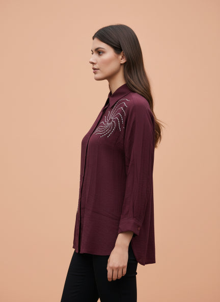 Maroon Spiral Pearl Beaded Linen Shirt