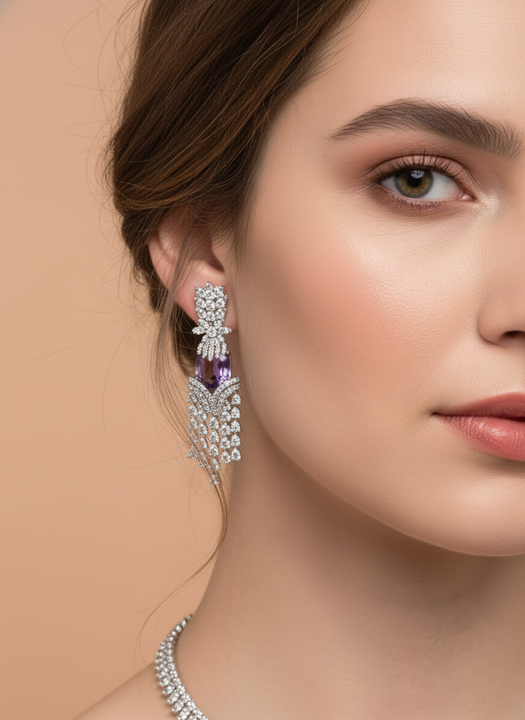 Elegant Amethyst Drop Cubic Zirconia Necklace & Earrings Set