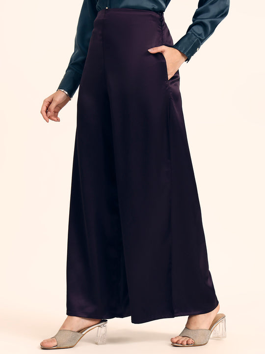 Luxury Satin Wide Leg Pants European Fabric  Plum Wine Glam Look
