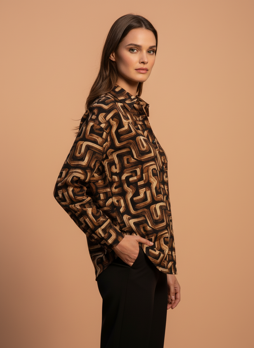 Brown Abstract Geometric Print Full Sleeve Shirt for Women