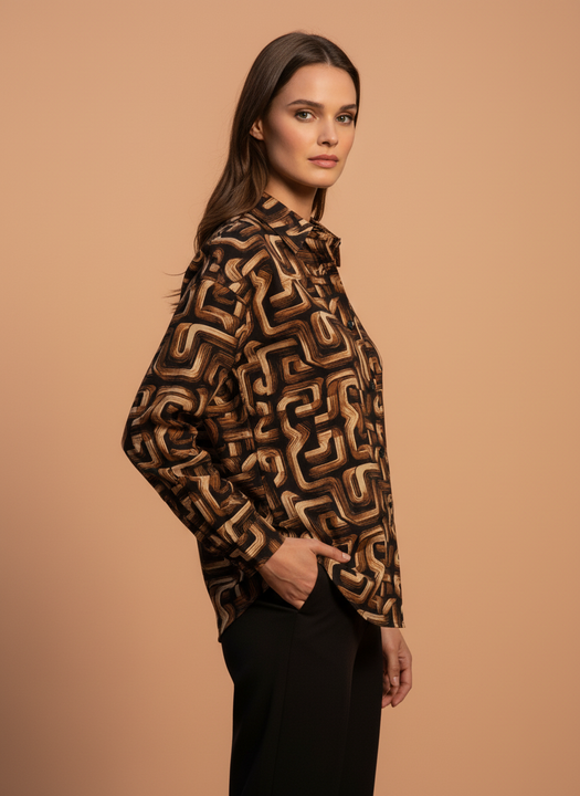 Brown Abstract Geometric Print Full Sleeve Shirt for Women