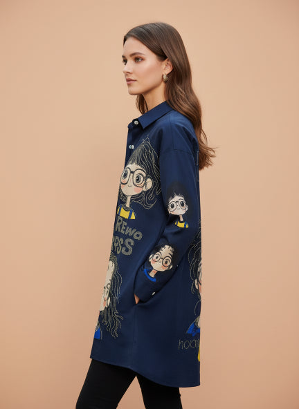 Stylish Navy Blue Printed Long Shirt Tunic for Women