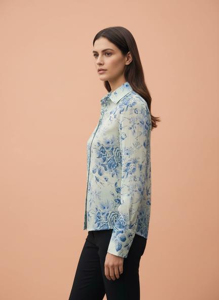 Premium Chiffon Blue And White Regular Length Straight Hem Digital Print Shirt