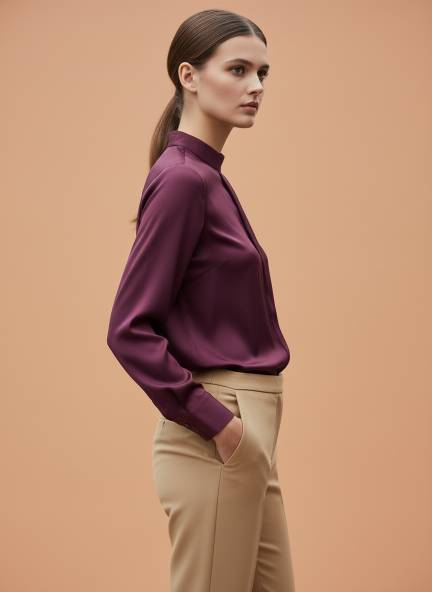 Summer Satin Deep Plum Mandarin Collar Shirt