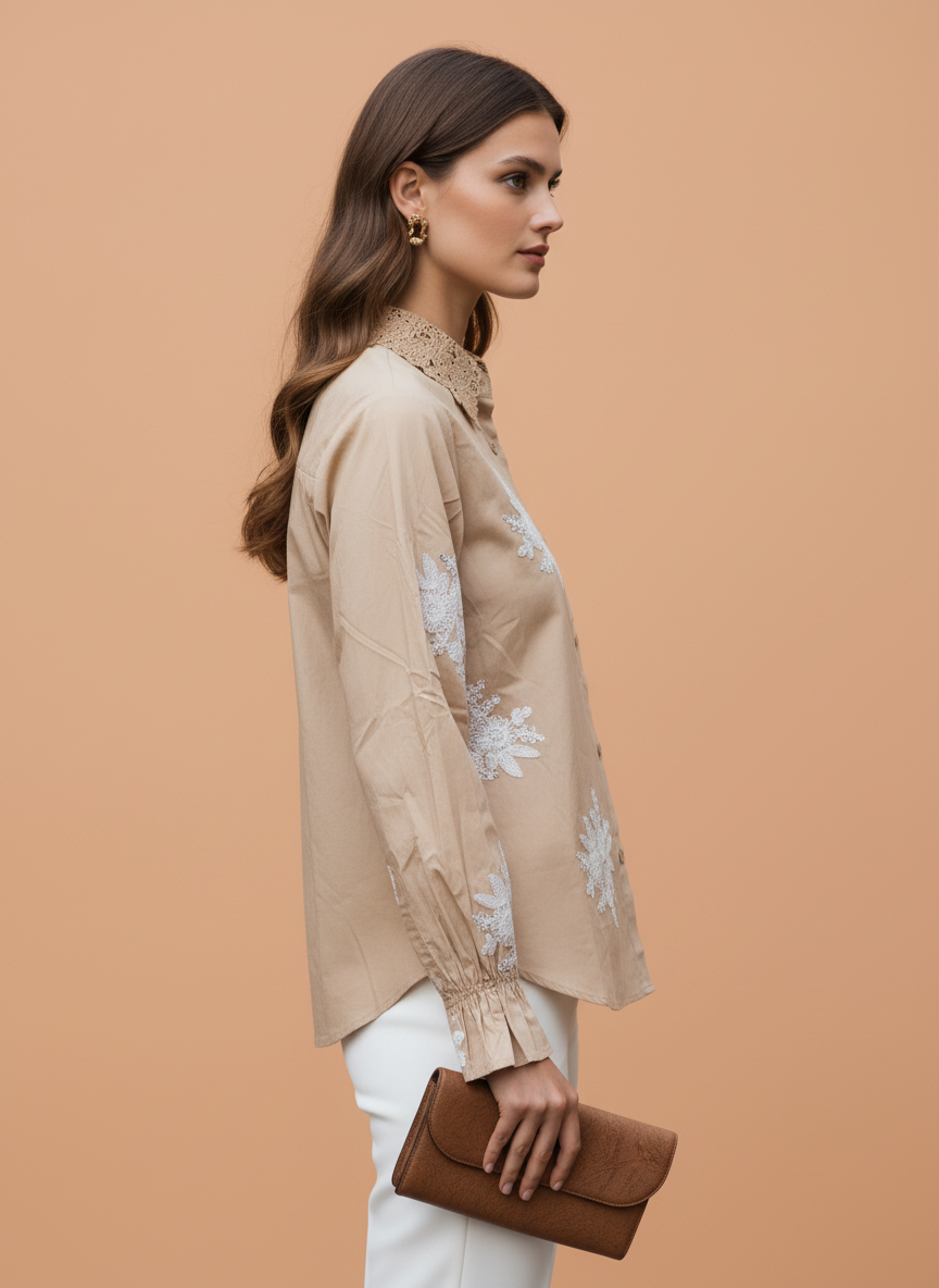 Beige Lace Embroidered Cotton Shirt for Women