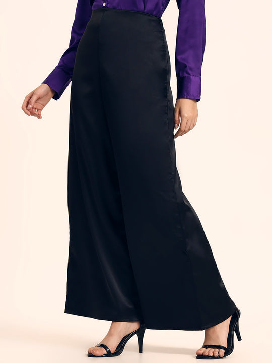 Luxury Satin Wide Leg Pants European Fabric  Black Glam Look