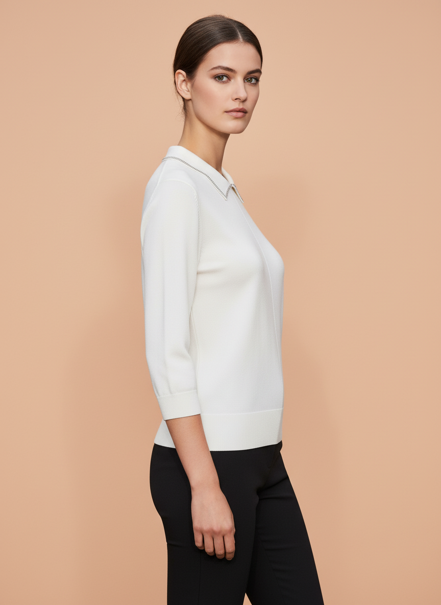 White Knit Top with Embellished Peter Pan Collar
