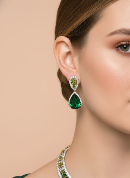 Royal Emerald Drop Cubic Zirconia Choker Necklace & Earrings Set