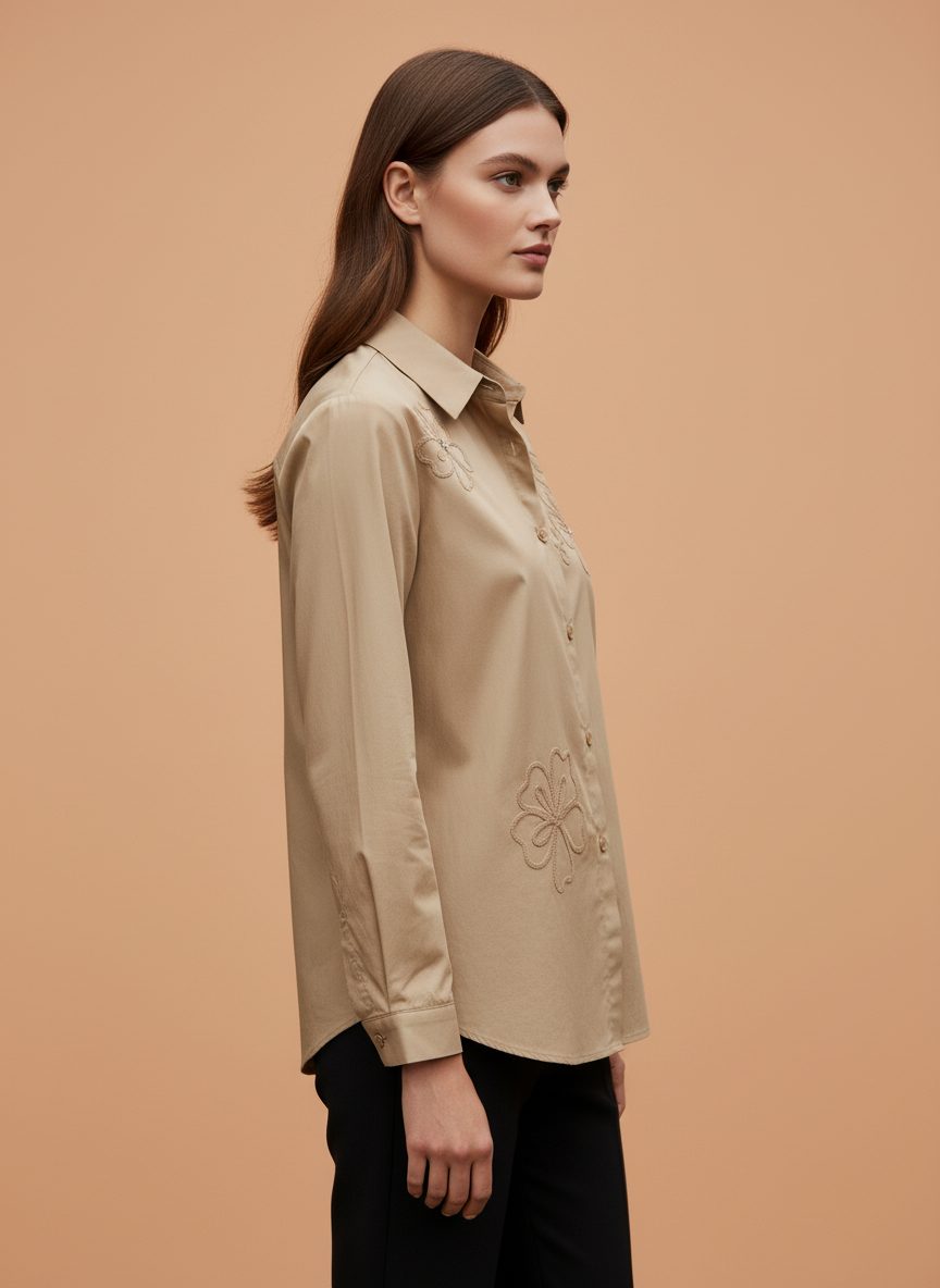 Elegant Beige Embroidered Women’s Shirt