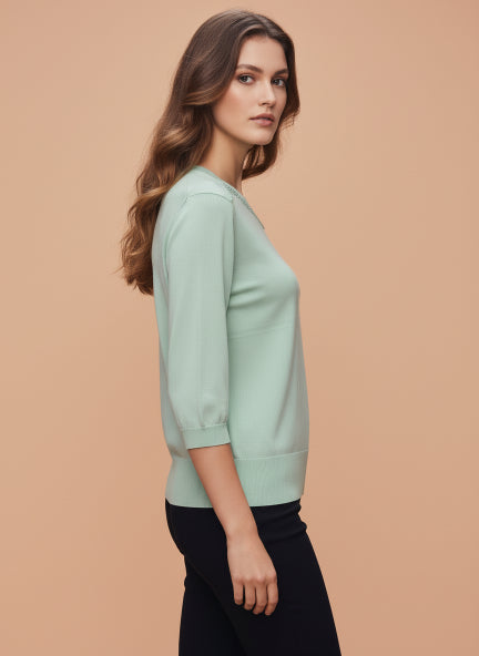 Elegant Mint Green  Sleeve Knit Top for Women