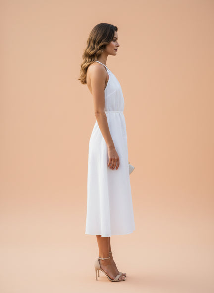 Elegant White Halter Neck Midi Dress for Women