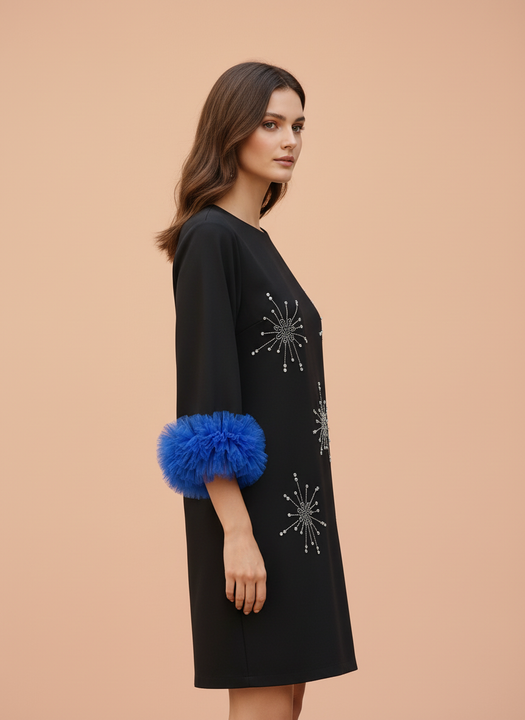 Elegant Black Embellished Shift Dress with Statement Sleeves