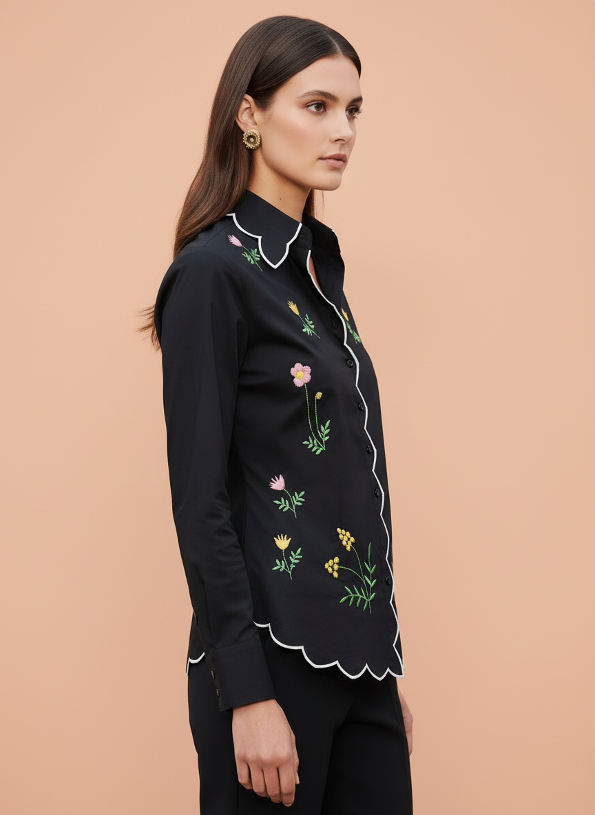 Elegant Black Floral Embroidered Scallop Edge Shirt for Women