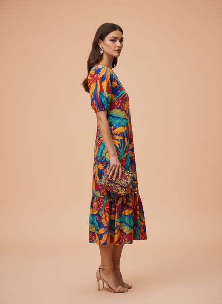 Rayon Printed Puff Sleeve A Line Front Button Maxi Dress