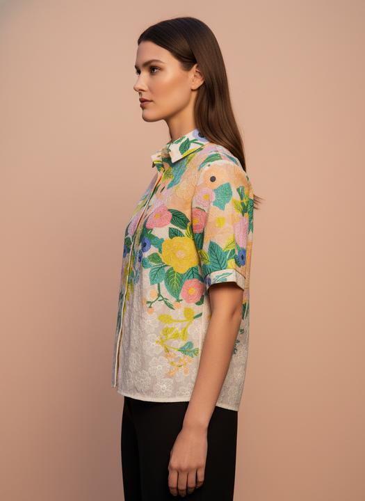 Multi-Color Floral Printed Lace Shirt for Women