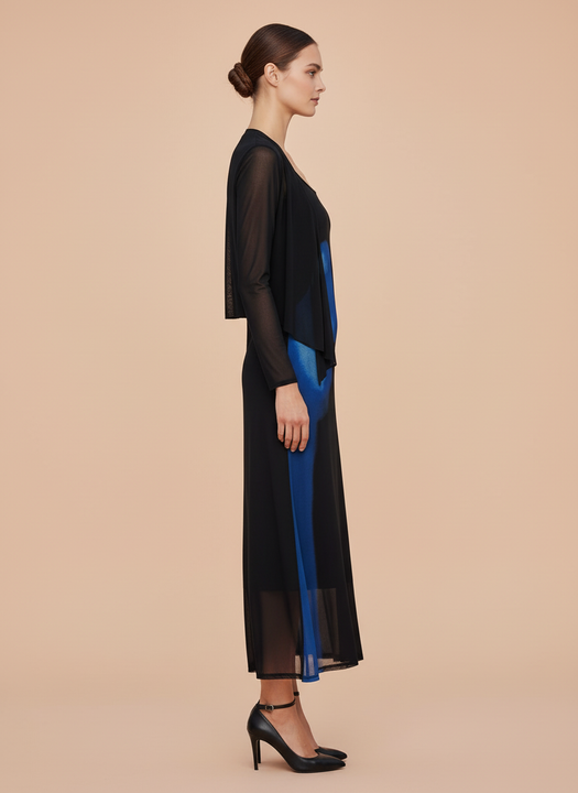 Elegant Black & Blue Sheer Layered Midi Dress for Women