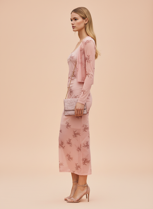 Elegant Pink Printed Midi Dress for Women with Shrug