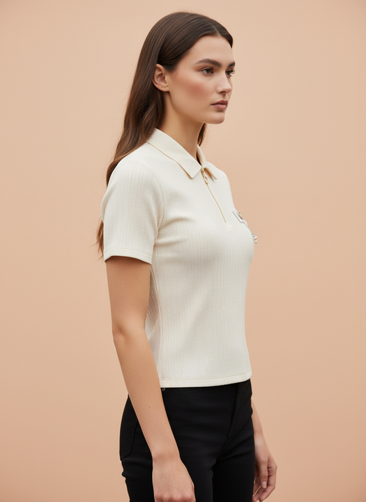 Women’s Off White Ribbed Knit Quarter Zip Polo T-Shirt