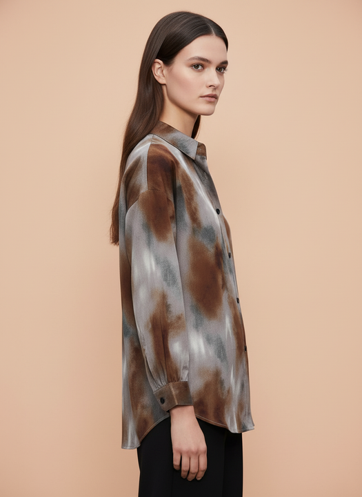 Women's Brown & Grey Abstract Tie-Dye Oversized Shirt