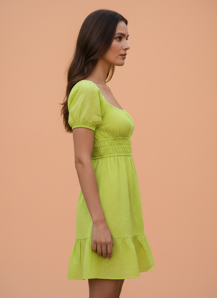 Lime Green Square Neck Puff Sleeve Mini Dress