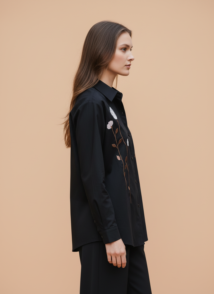 Elegant Black Floral Embroidered Shirt for Women