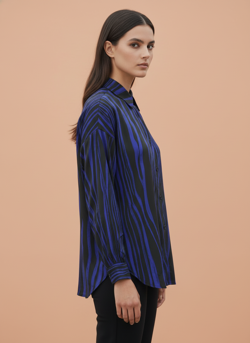 Women's Black & Blue Wavy Striped Oversized Shirt