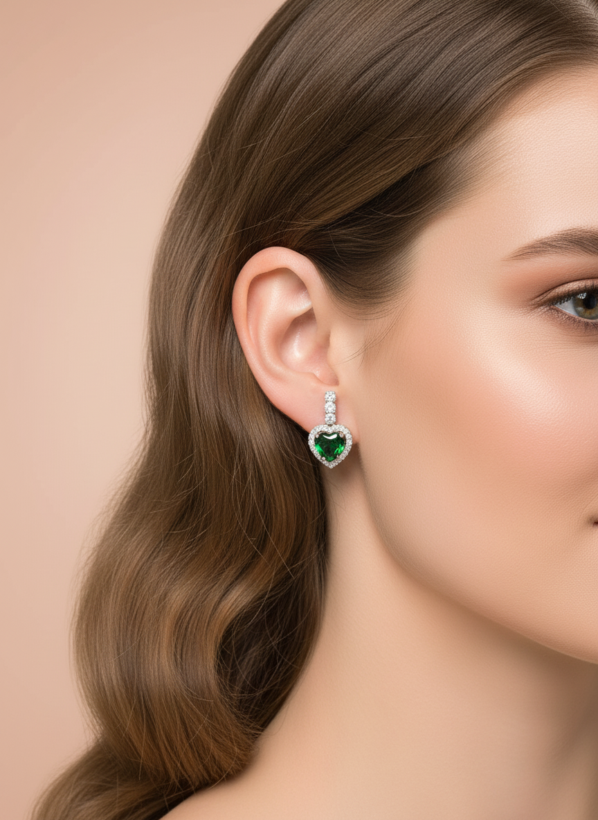 Classic Emerald Heart Cubic Zirconia Pendant Necklace & Earrings Set