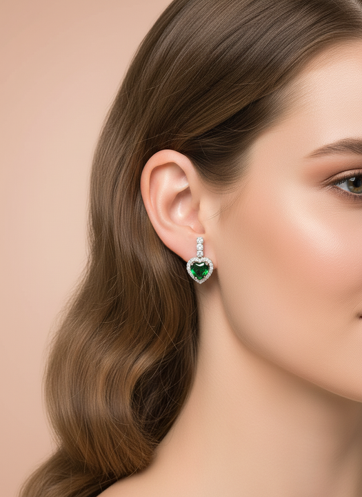 Classic Emerald Heart Cubic Zirconia Pendant Necklace & Earrings Set