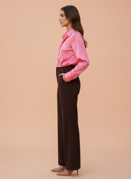 Banana Crepe Dark Choclate Flared Trouser With Slash Pocket