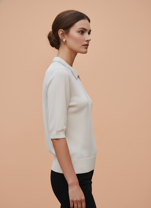 Off White Knit Top with Embellished Peter Pan Collar