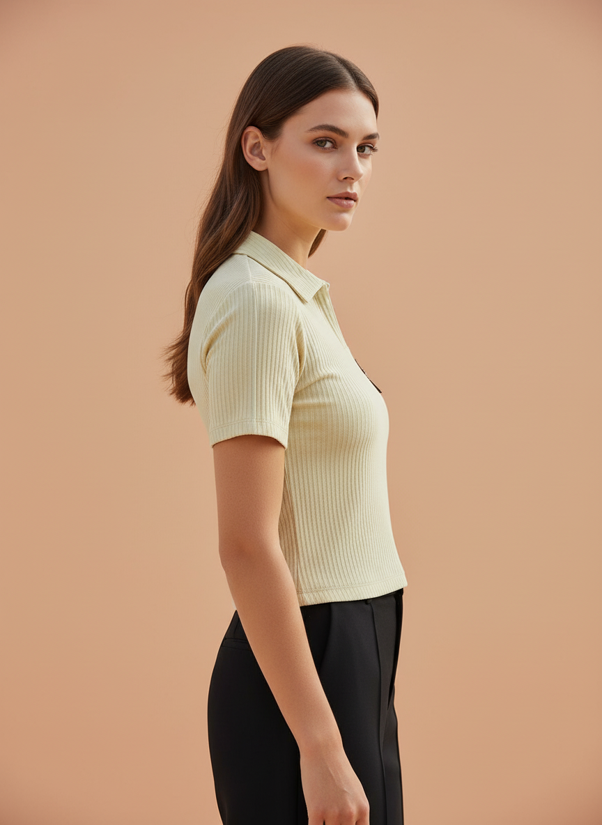 Beige Yellow Ribbed Knit Polo T-Shirt