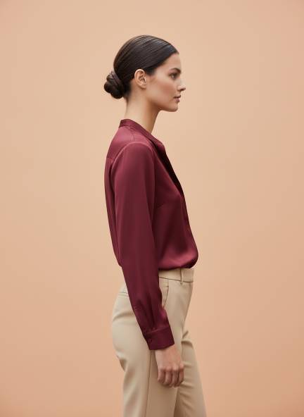 Summer Satin Maroon Mandarin Collar Shirt