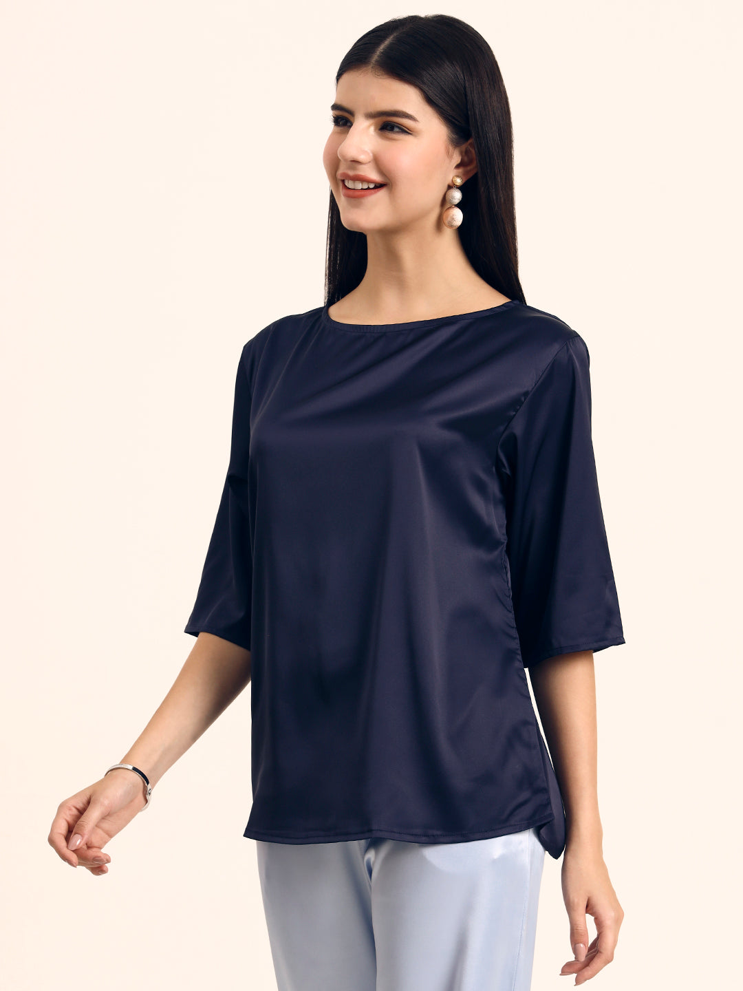 Women's Luxury Elegant Navy European Satin Top