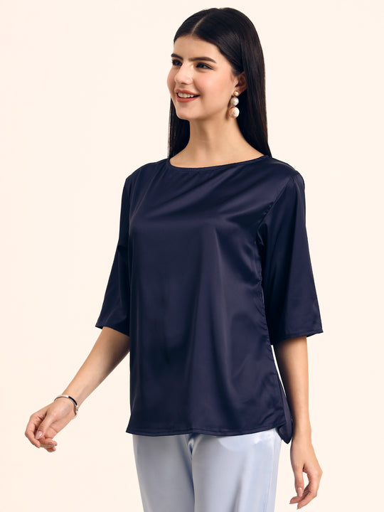 Women's Luxury Elegant Navy European Satin Top