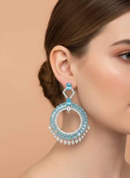 Elegant Sky Blue & Silver Cubic Zirconia Statement Hoop Earrings for Women