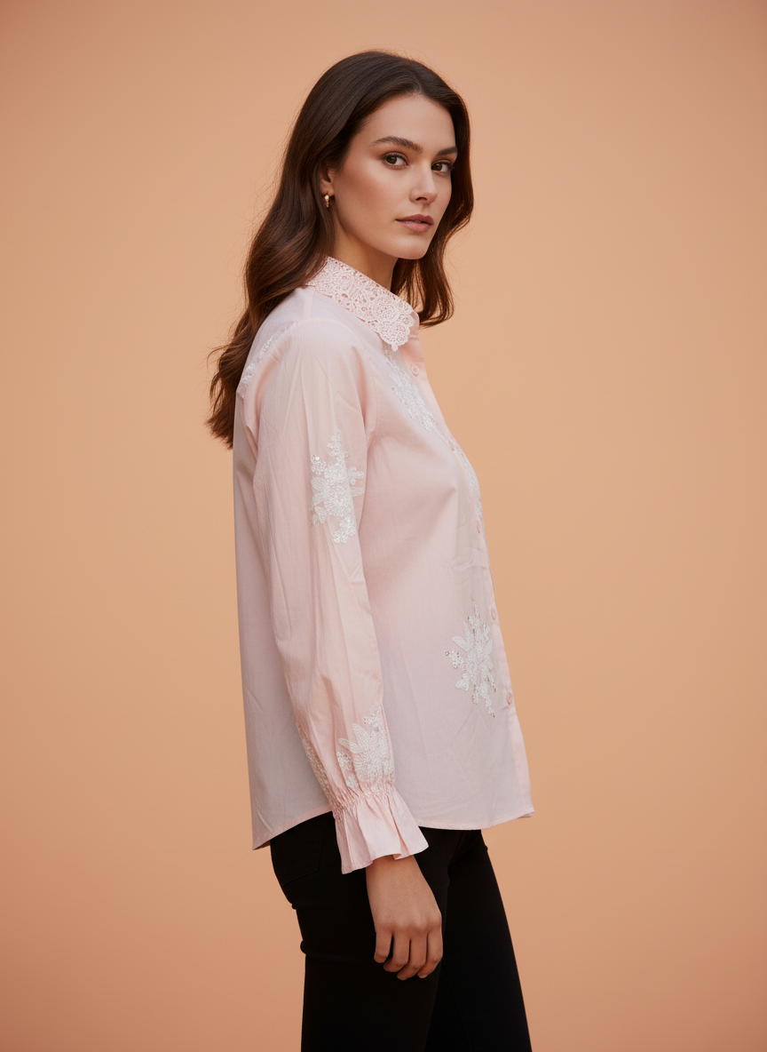 Pink Lace Embroidered Shirt for Women