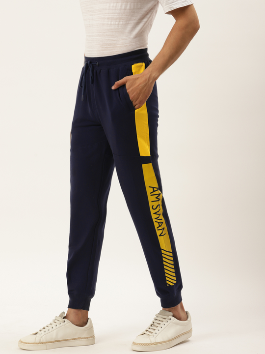 Mens Cotton Rich Lycra With Contrast Panel Printed Track Pants