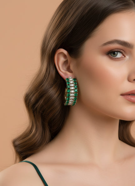 Elegant Green & Silver Cubic Zirconia Hoop Earrings for Women
