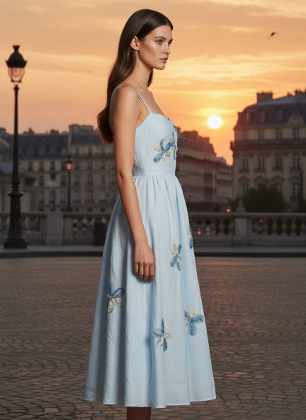 Elegant Sky Blue Floral Embroidered Midi Dress for Women