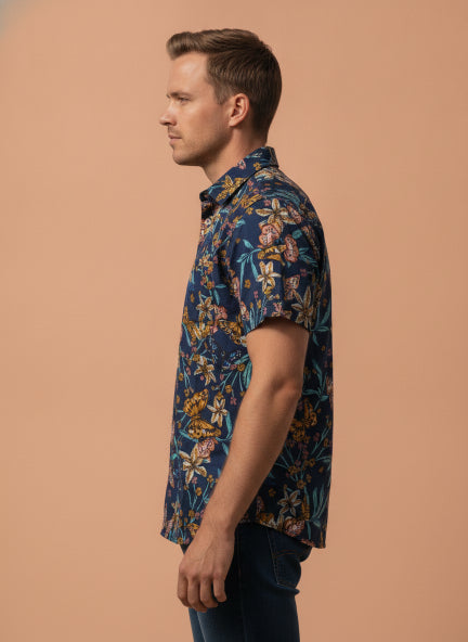 Navy Jungle Print Premium Rayon Shirt