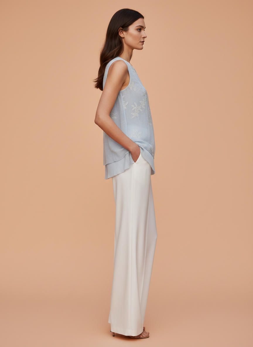 Elegant Pastel Blue Embroidered Top & White Wide-Leg Pants Set