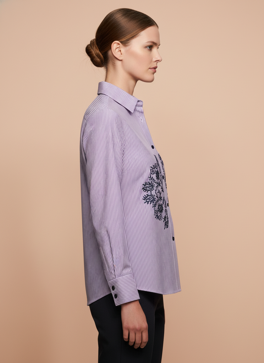 Lavender Grace Floral Embroidered Striped Shirt